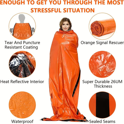 Orange emergency blanket with features highlighted on a white background