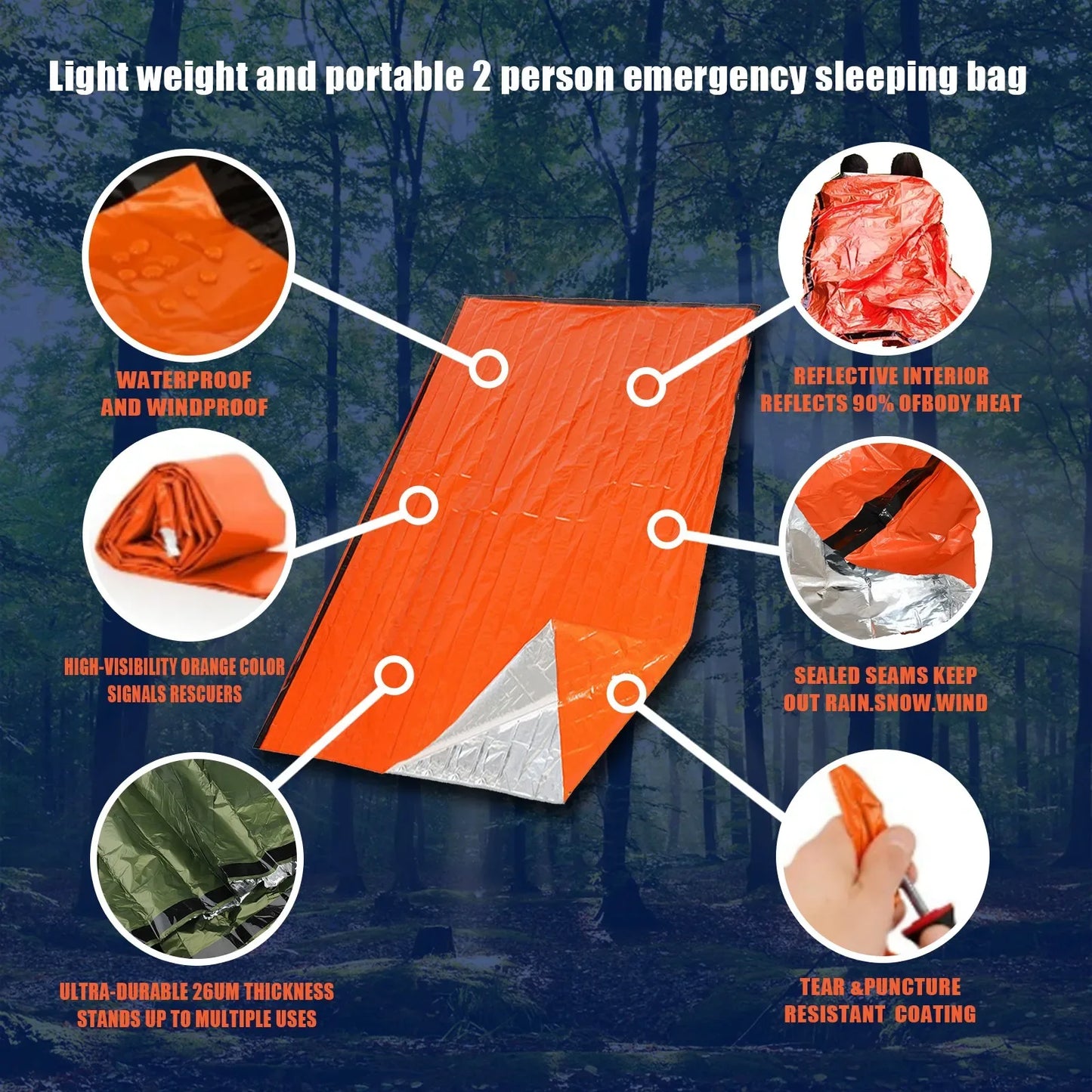 Portable Waterproof Emergency Survival Sleeping Bag Outdoor Edc Camping Gear Thermal Sack First Aid Rescue Kit Mylar Blanket - Urbizia