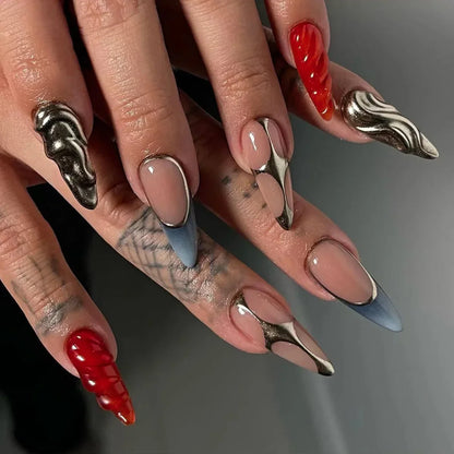 Punk 3D Gold Line & Silver Star Extra Long Pointed Fake Nails – Y2K Metal Halloween Press-on Manicure Set