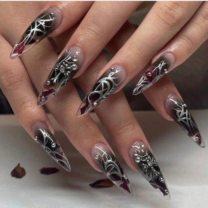 Punk 3D Gold Line & Silver Star Extra Long Pointed Fake Nails – Y2K Metal Halloween Press-on Manicure Set