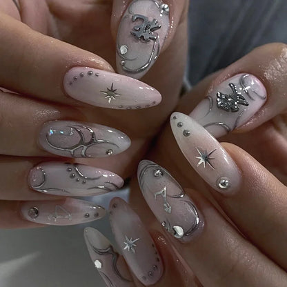 Punk 3D Gold Line & Silver Star Extra Long Pointed Fake Nails – Y2K Metal Halloween Press-on Manicure Set