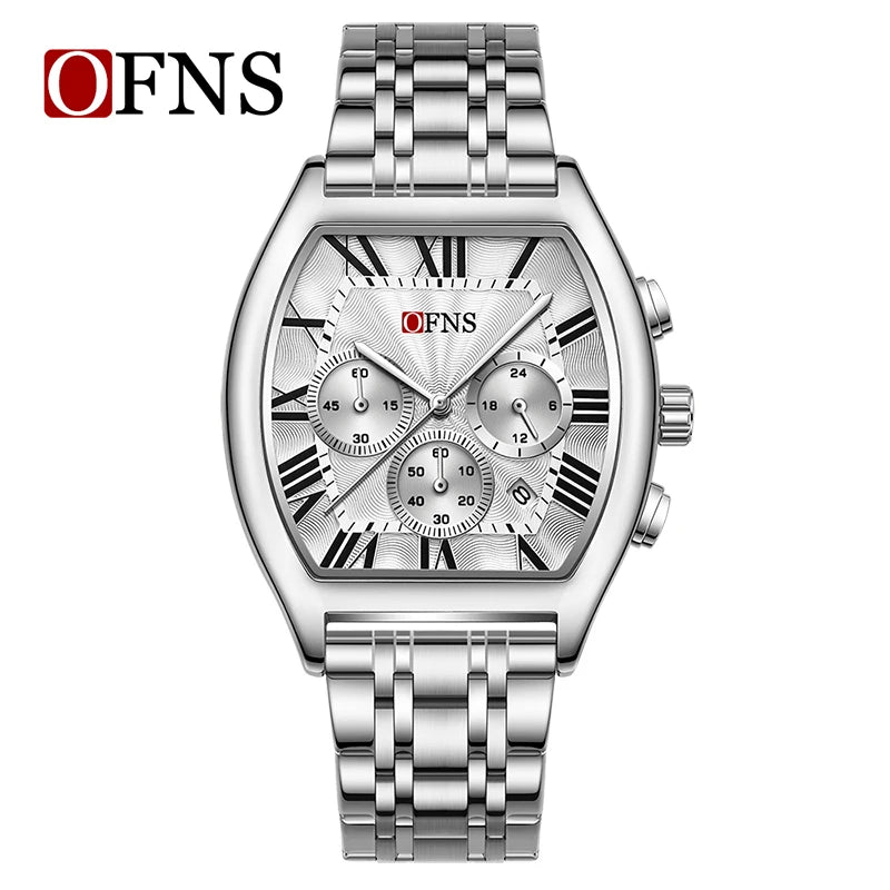 OFNS 1644 Fashion Men Quartz Wristwatch design six-pin Multifunction Chronograph Calendar Waterproof Steel Strap Sports Watches