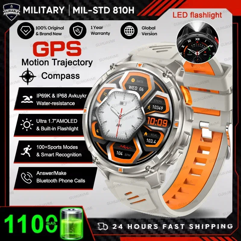 Men 1100mAh Ultra Durable Battery Smart Watch GPS Compass IP69K Waterproof BT Call 100+ Sport Mode Flashlight Sports Smartwatch - Urbizia