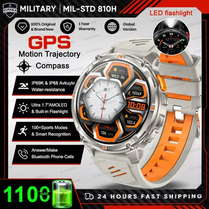 Men 1100mAh Ultra Durable Battery Smart Watch GPS Compass IP69K Waterproof BT Call 100+ Sport Mode Flashlight Sports Smartwatch - Urbizia