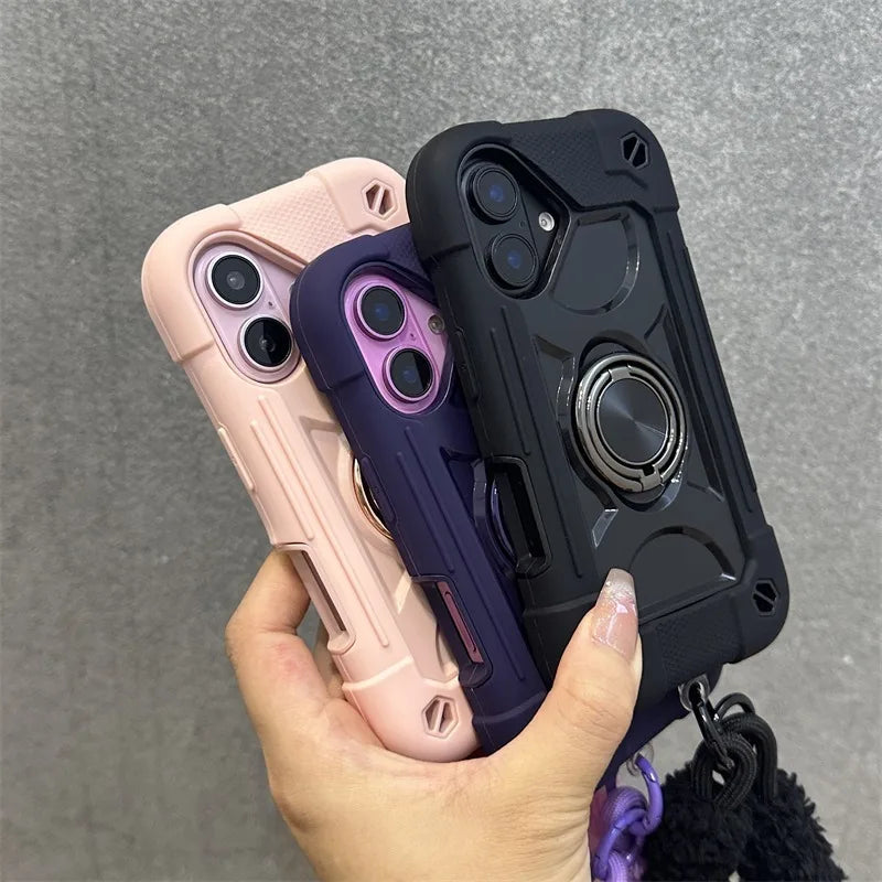 Luxury 3-in-1 Ring Stand Heavy Duty Protective Case For iPhone 17 16 15 14 13 Pro Max Shockproof and Drop-Resistant with Lanyard