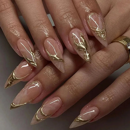 Punk 3D Gold Line & Silver Star Extra Long Pointed Fake Nails – Y2K Metal Halloween Press-on Manicure Set