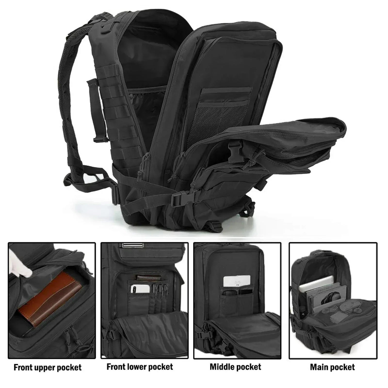 45L Tactical Backpacks Molle Assault Pack 3 Day Bug Out Bag Hiking Treeking Rucksack Fitness Camping, Daily Work - Urbizia