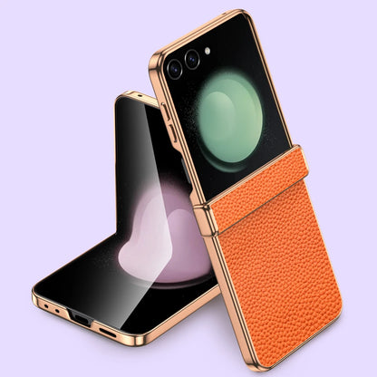 Cowhide Leather Phone Case for Samsung Galaxy Z Flip7 Flip6 Flip 7 FE 6 5 Luxury Hinge Protection Cover with Tempered Glass