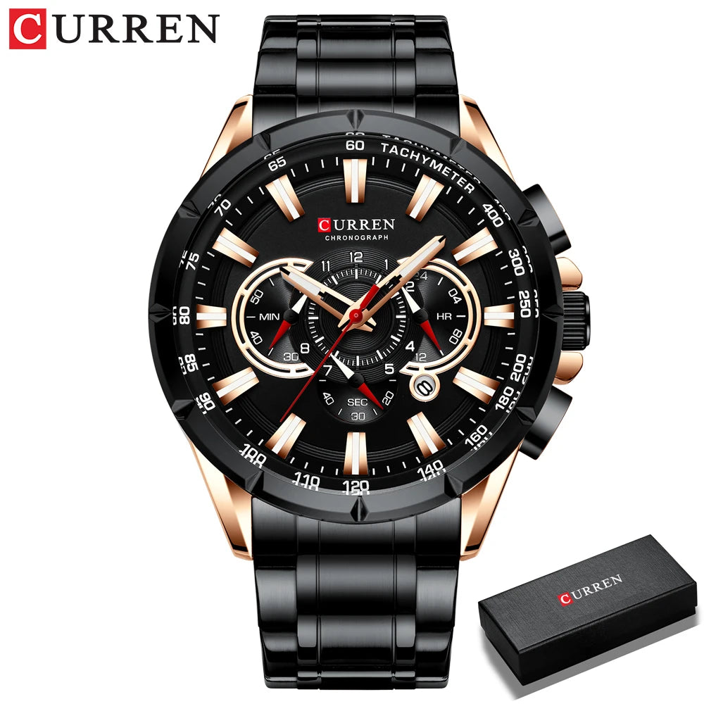 CURREN 8363 Casual Sport Chronograph Men's Watches Stainless Steel Band Wristwatch Big Dial Quartz Clock with Luminous Pointers