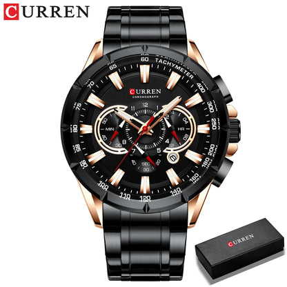 CURREN 8363 Casual Sport Chronograph Men's Watches Stainless Steel Band Wristwatch Big Dial Quartz Clock with Luminous Pointers