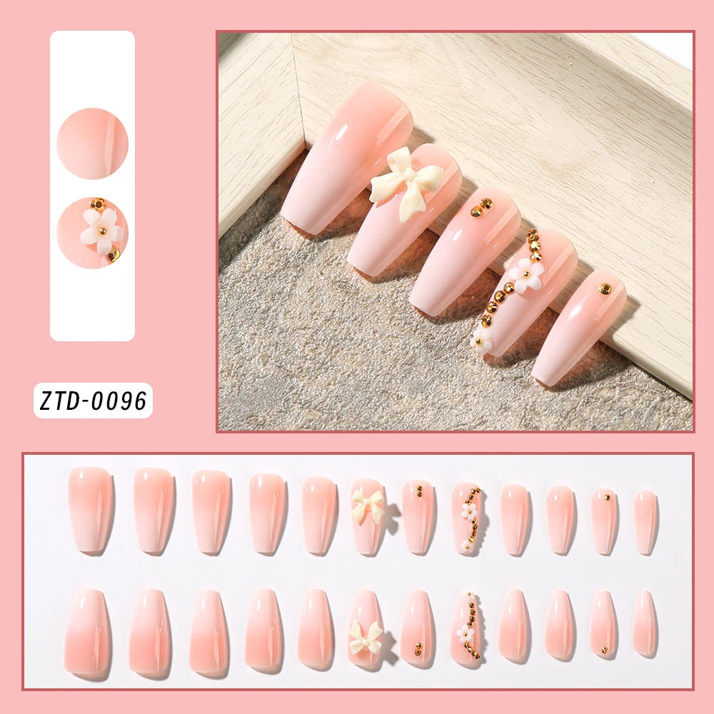 24Pcs Black Glossy Halloween Almond Fake Nails – Gradient French Press-on Nails with Rose, Heart & Skull Designs