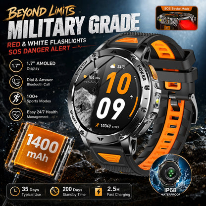 2026 New Military Outdoor Smart Watch Men 10ATM Waterproof Diving Heart Rate Monitor LED Flashlight Bluetooth Call Fitness Watch