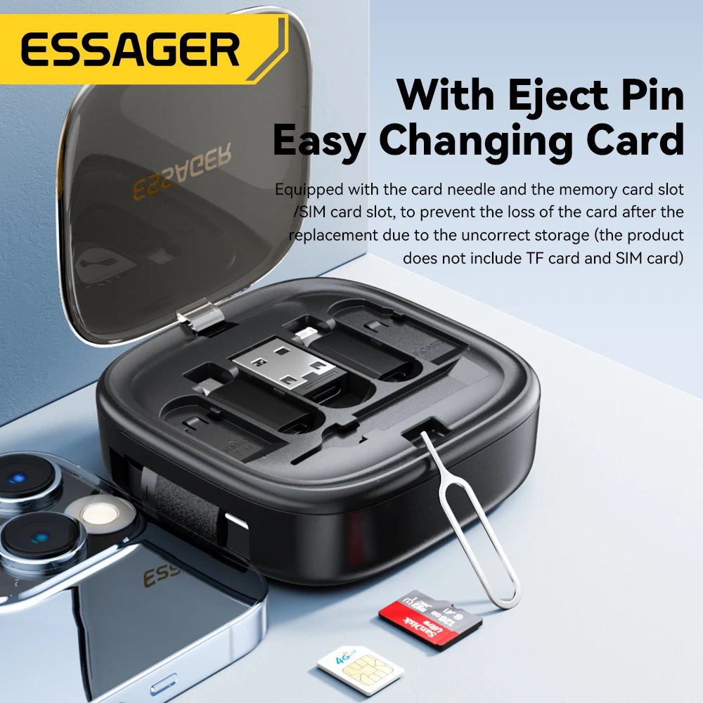 Essager 60W Fast Charge USB A/C To TypeC Micro Lightning Cable Mini Multifunctional Travel Storage Box With Phone Holder Pin Set