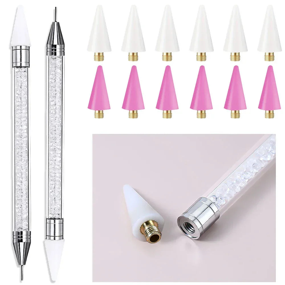 1Pc Dual Heads Point Drill Pen Acrylic Handle Crystal Beads Rhinestone Gems Picker Dotting Wax Pencil DIY Nail Art Tools