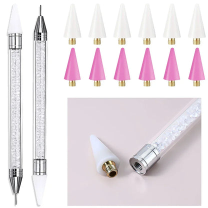 1Pc Dual Heads Point Drill Pen Acrylic Handle Crystal Beads Rhinestone Gems Picker Dotting Wax Pencil DIY Nail Art Tools