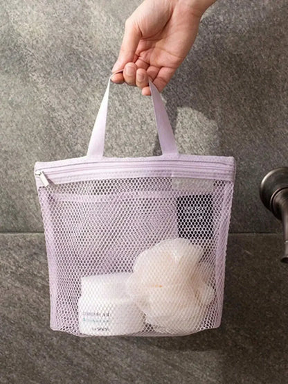 1pc Lightweight Mesh Shower Bag Travel Cosmetic Bag, Large Capacity Portable Toiletry Bag, Hanging Bathroom Storage Bag, Cute Handheld Makeup Brush Holder Bag With Zipper, Can Hold Lipstick