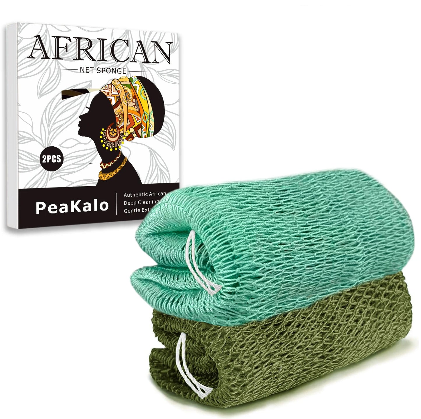 PeaKalo Authentic African Net Sponge-2Pcs Exfoliating Bath Shower Loofah Sponge, Gentle Back Scrubber for All Skin Types,Durable