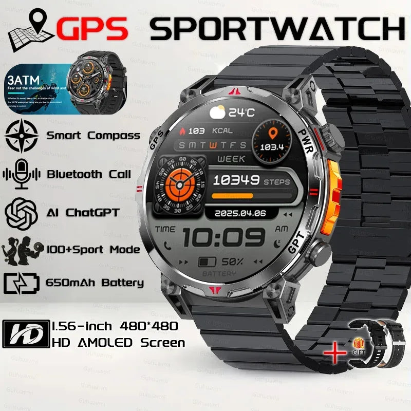 Military Grade Smart Watch Men GPS Compass Altimeter Clock 1.56" AMOLED 5ATM Waterproof Sport Fitness Tracker BT Call Smartwatch - Urbizia