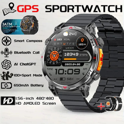Military Grade Smart Watch Men GPS Compass Altimeter Clock 1.56" AMOLED 5ATM Waterproof Sport Fitness Tracker BT Call Smartwatch - Urbizia