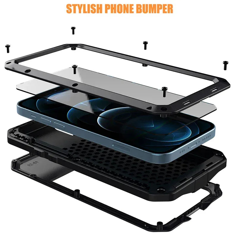 IP54 Waterproof Heavy Duty Metal Case For iPhone 17 Air 16 15 Pro Max 14 Plus 13 12 Mini 11 With Gorilla Glass Cover Fundas