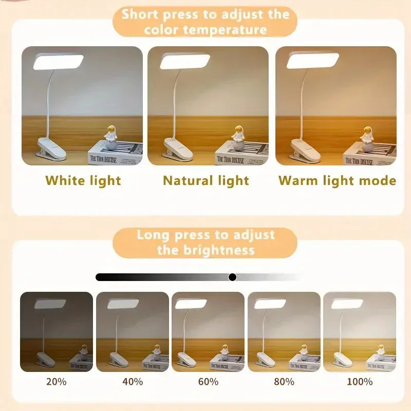 Clip-on LED USB charging desk lamp for college students, dormitory desk and bedroom reading lamp, suitable for office, study, be - Urbizia