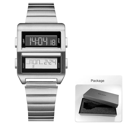 MEGIR Retro Cyberpunk Driver Electronic Watch for Men Sports Wristwatch with Electronic Movement Stainless Steel Strap 0324