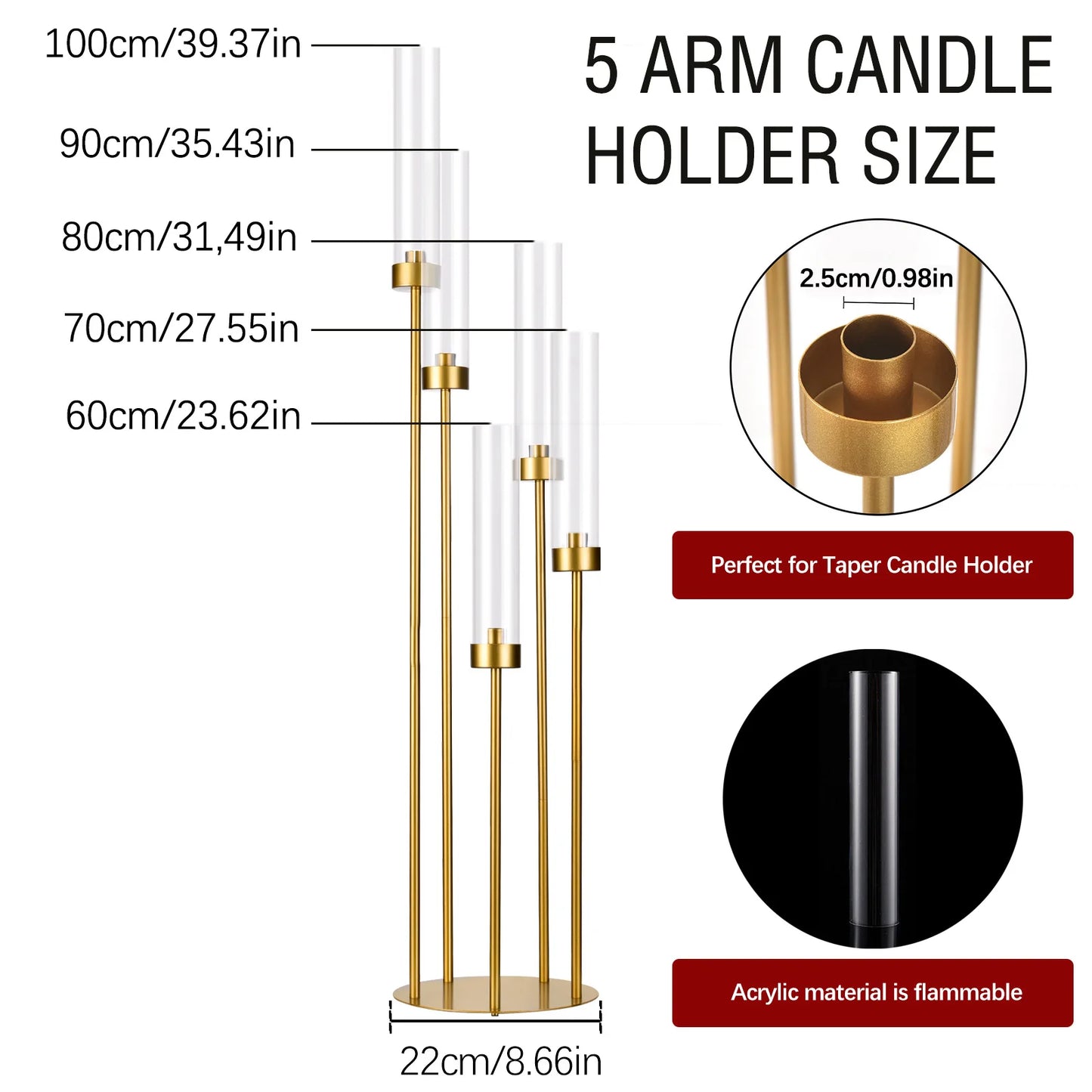 Gold Floor Candelabra 5 Arm Tall Candle Holder with Acrylic Lampshade for Wedding Table Birthday Party Decoration 10PCS