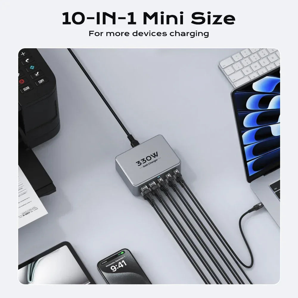 330W USB C GaN Charger 100W PD3.0 PPS QC3.0 Multiport Fast Charging Station For Laptop iPhone 15 16 Samsung Macbook Pro Tablet - Urbizia
