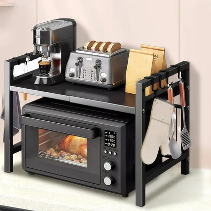 Adjustable Microwave Oven Rack with Hooks & Storage Stand