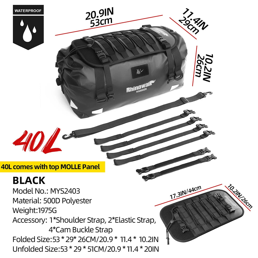 Rhinowalk Motorcycle Saddle Bag 20L/40L/65L Waterproof Motor Tail Seat Storage Backpack Luggage With MOLLE Expansion Panel