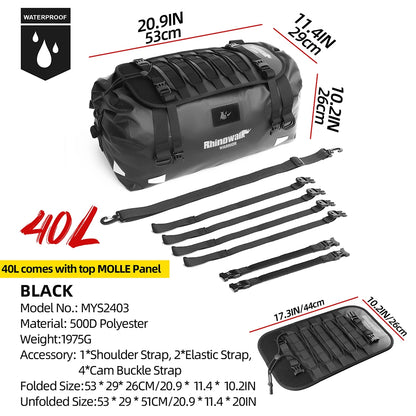 Rhinowalk Motorcycle Saddle Bag 20L/40L/65L Waterproof Motor Tail Seat Storage Backpack Luggage With MOLLE Expansion Panel