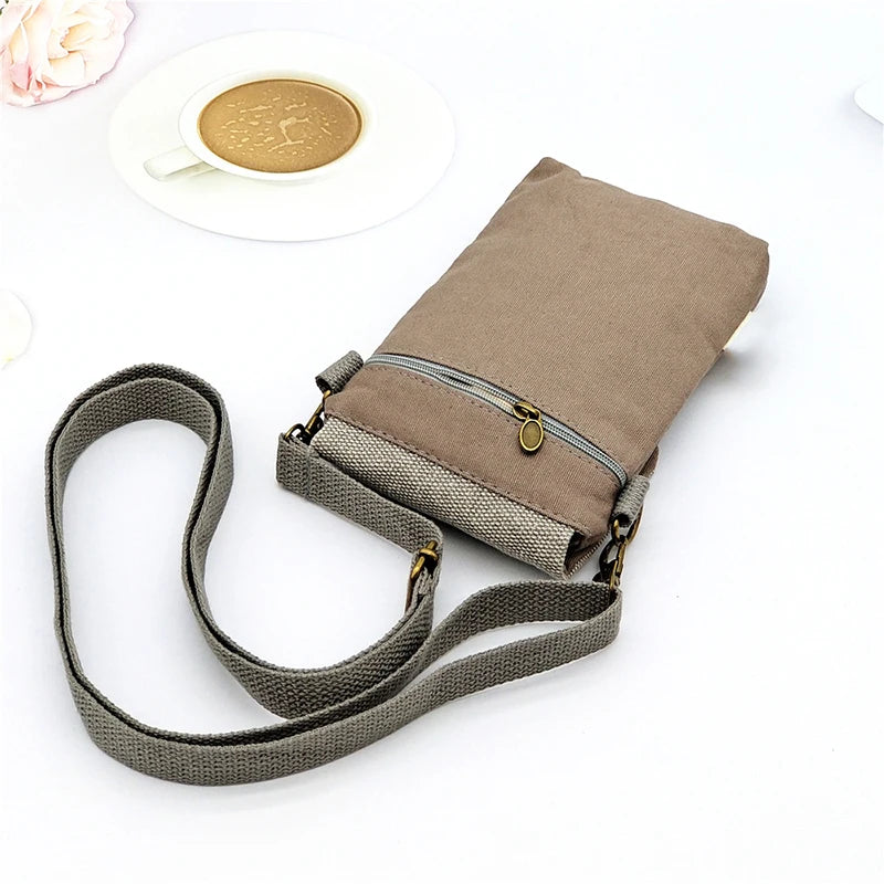 Solid Color Canvas 3 Layer Crossbody Cell Phone Bag Simple Cloth Women's Bag Fashion Satchel Shoulder Coin Purse