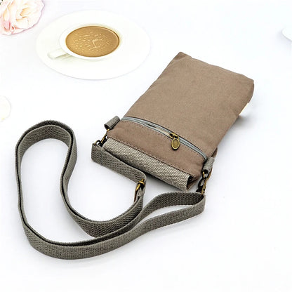 Solid Color Canvas 3 Layer Crossbody Cell Phone Bag Simple Cloth Women's Bag Fashion Satchel Shoulder Coin Purse