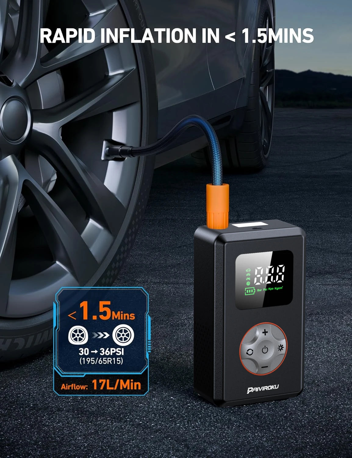PAIVIROKU Mini Bike Tire Inflator Portable Air Compressor 150PSI Cordless Tire Pump, Air Pump for Car with Pressure Gauge, LED Light
