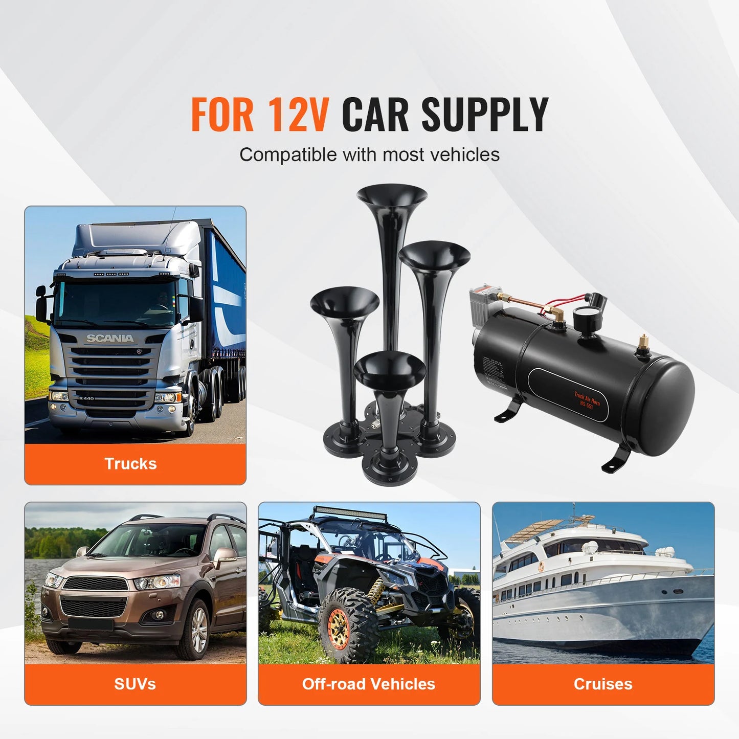 SucceBuy Train Horns Kit 4 Trumpet Air Horn Kit 150dB Train Horns 12V 120psi Air Compressor  for Car Truck Train Van Boat Pickup