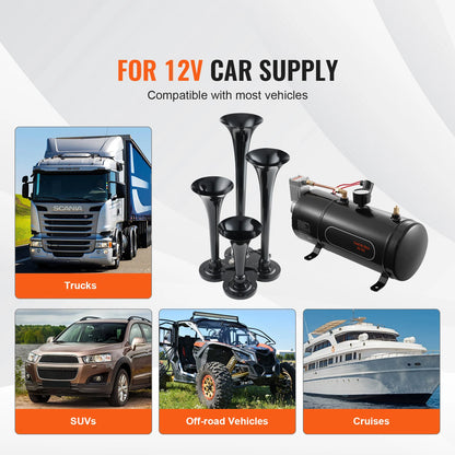 SucceBuy Train Horns Kit 4 Trumpet Air Horn Kit 150dB Train Horns 12V 120psi Air Compressor  for Car Truck Train Van Boat Pickup