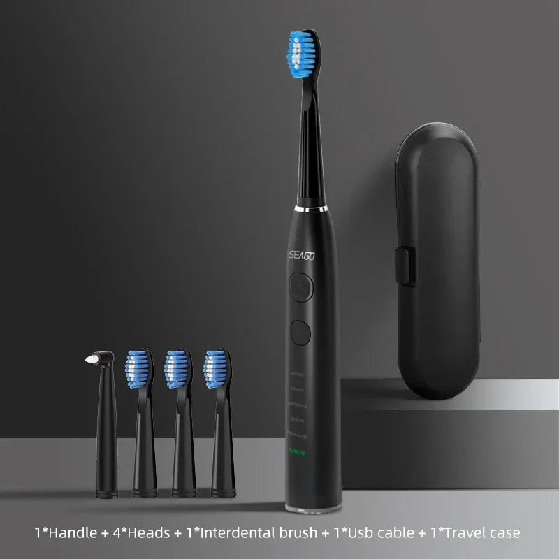 Seago Electric Toothbrush USB Rechargeable Adult 360 Days Long Battery Life IPX7 4 Replacement Heads Travel Box SG-575 - Urbizia