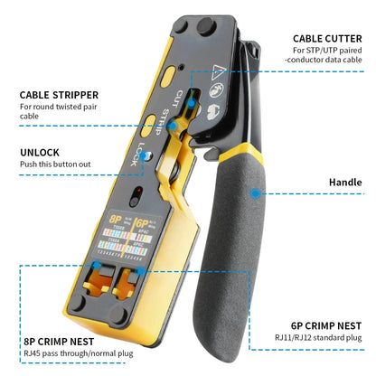 EASY-Type RJ45 Network Crimper - 3-in-1 Crimp/Cut/Strip Lan CAT6A/6/5E (STP/UTP) & RJ11/12 Tel Modular Cable