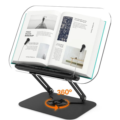NEW Book Stand for Reading Adjustable Book Holder with 360° Rotating Base Elastic Page Clips Foldable Desktop Riser Stand - Urbizia