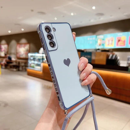 Crossbody Strap Cord Phone Case For Samsung Galaxy S26 S25 S23 S24 Ultra S24 FE A17 A57 A16 A55 5G Plating Heart Lanyard Cover