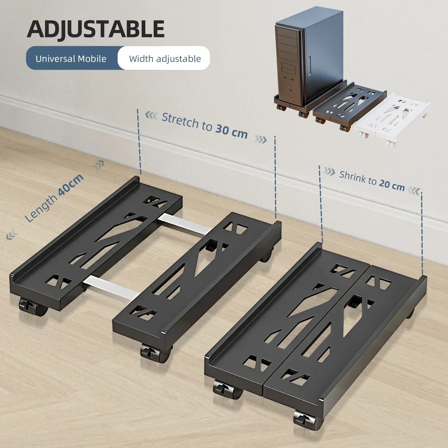Adjustable Mobile PC Tower Stand with Wheels under Desk CPU Holder Adjustable Stable Mobile Computer Host Stand for Home Office - Urbizia
