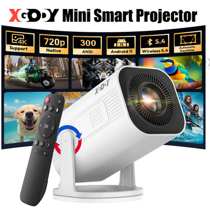XGODY Gimbal 3 Pro Mini Smart Projector, 300 ANSI, Native 720P, Android 11, WiFi 6 & BT 5.4, Auto Keystone Correction, Wireless Screen Mirroring, 20-120 Inch HD Home Theater Projector for Bedroom Movies Gaming, Support HDMI U