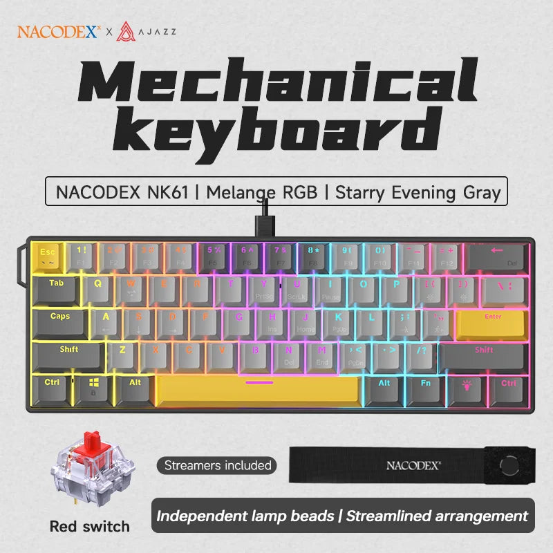 AJAZZ NK61 Wired Gaming Mechanical Keyboard 60% RGB Hot-Swappable 61 Keys Red Switch Mini Keyboard for Gamer PC