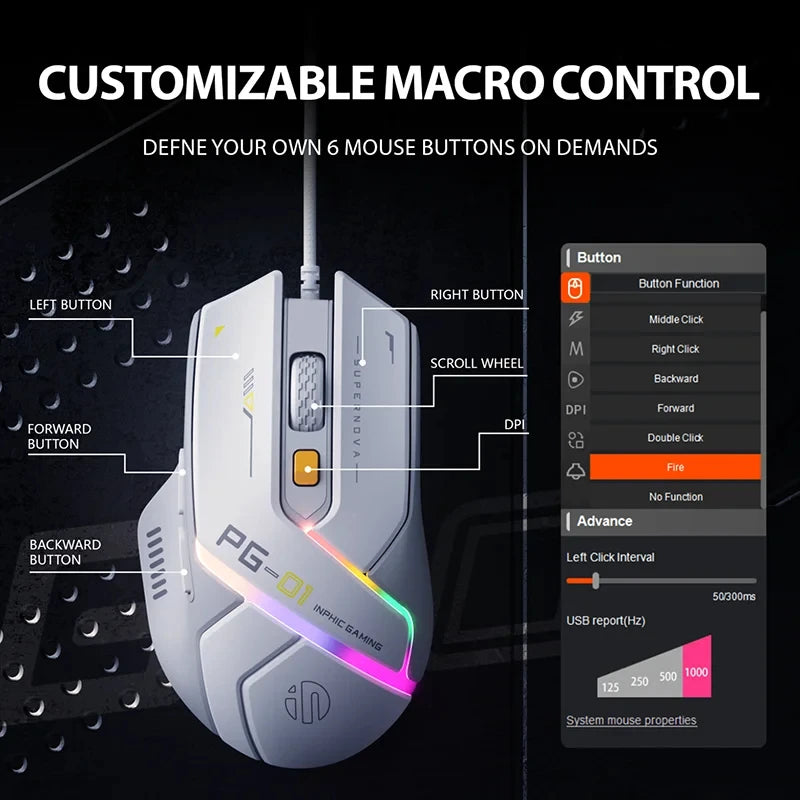 Inphic PG1 Wired Gaming Mouse RGB Lighting Effect Ergonomic Home Office Mouse For Desktop Computer Laptop