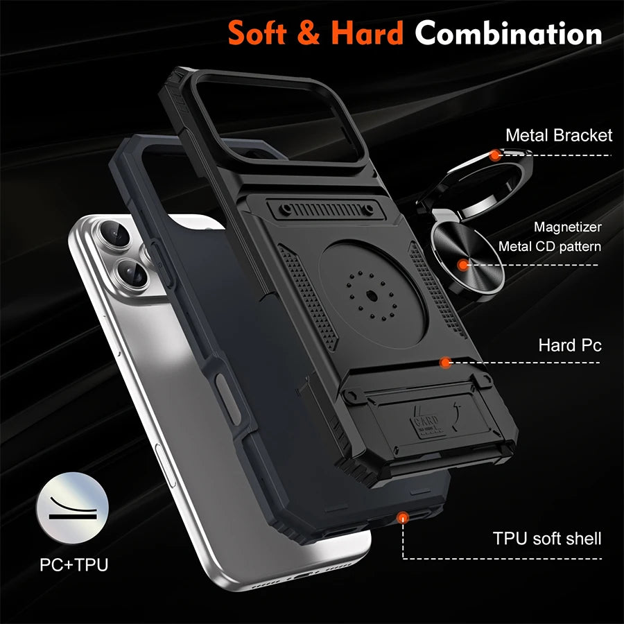 Rugged Armor Phone Case with Hidden Dual Card Slot & 360° Rotating Metal Ring Holder Kickstand, Shockproof Heavy-Duty Hard Shell with Raised Camera Protection, Compatible with iPhone 18/17 Pro Max/16/15/14/13/12/11/Plus/Aie