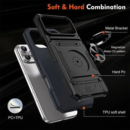 Rugged Armor Phone Case with Hidden Dual Card Slot & 360° Rotating Metal Ring Holder Kickstand, Shockproof Heavy-Duty Hard Shell with Raised Camera Protection, Compatible with iPhone 18/17 Pro Max/16/15/14/13/12/11/Plus/Aie