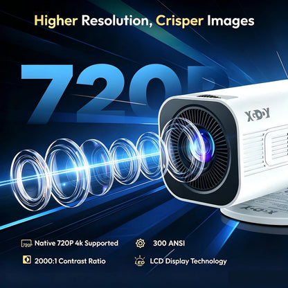 XGODY Gimbal 3 Pro Mini Smart Projector, 300 ANSI, Native 720P, Android 11, WiFi 6 & BT 5.4, Auto Keystone Correction, Wireless Screen Mirroring, 20-120 Inch HD Home Theater Projector for Bedroom Movies Gaming, Support HDMI U