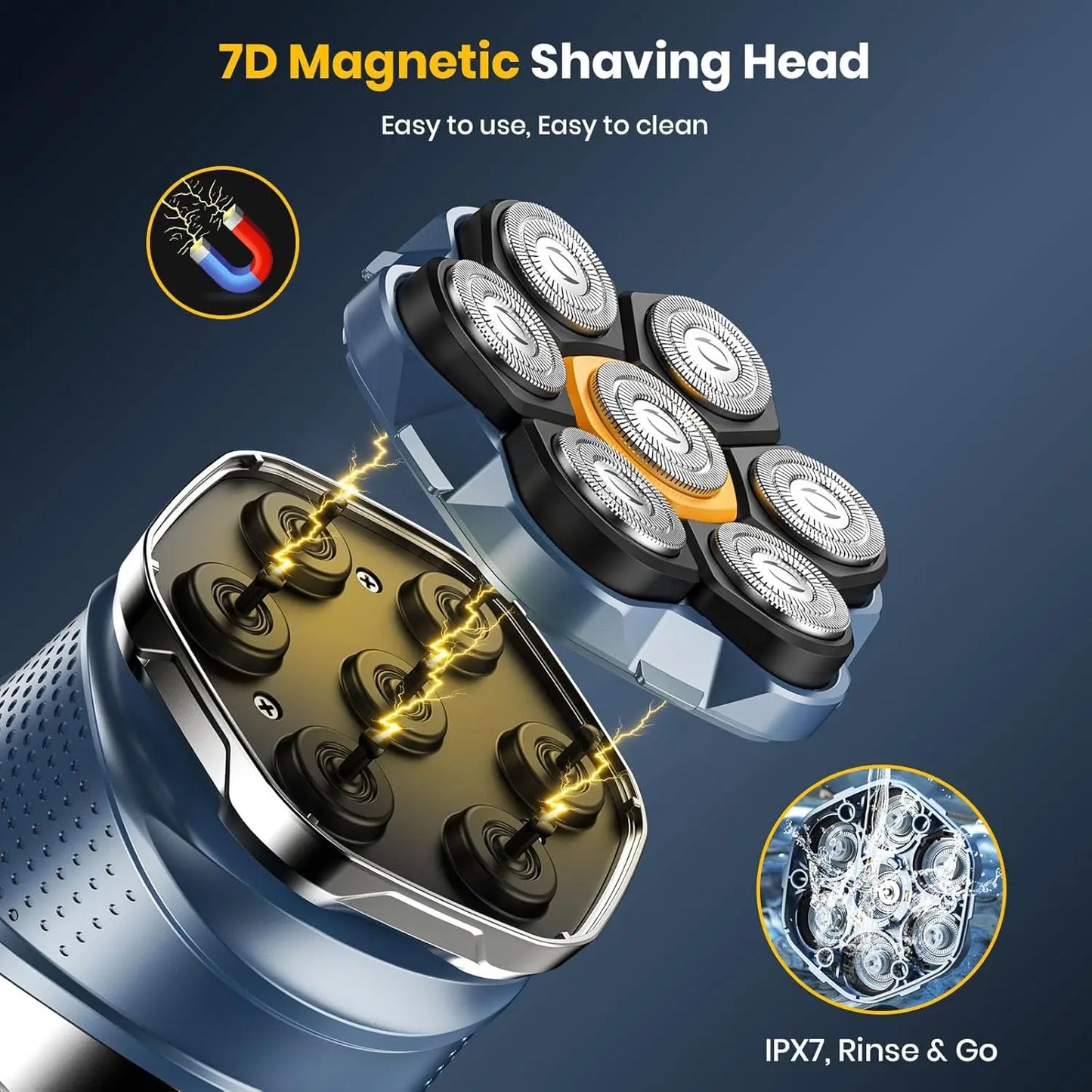 Electric Head Shaver for Bald Men 7D Magnetic Razor Hair Trimmer Rechargeable Shavers for Scalp Face Beard Body Wet Dry Use