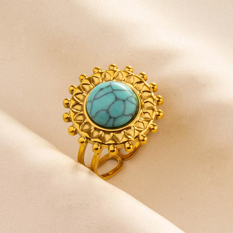 Turquoise Finger Jewelry Long Oval Sun Heart Water Drop Stainless Steel Rings For Women Men Accessories Gold Plated Open Anillos