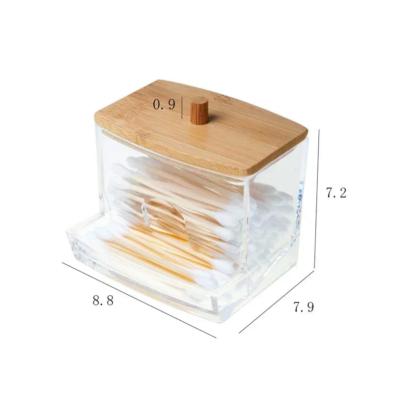 Transparent Cotton Swab Storage Box with Bamboo Lid